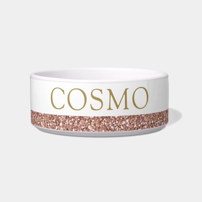 Rose Gold Glitter Pink Sparkle Name Pet Bowl (Front)