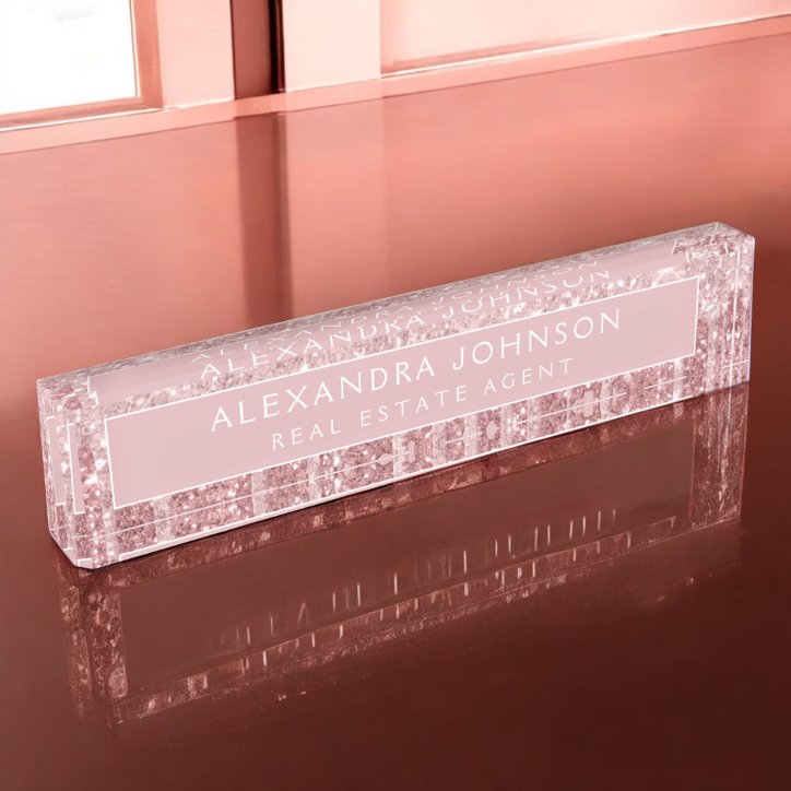 Rose Gold Glitter Pink Sparkle Real Estate Desk Name Plate