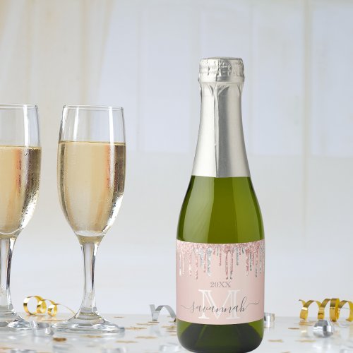 Rose gold glitter pink sparkle silver monogram sparkling wine label