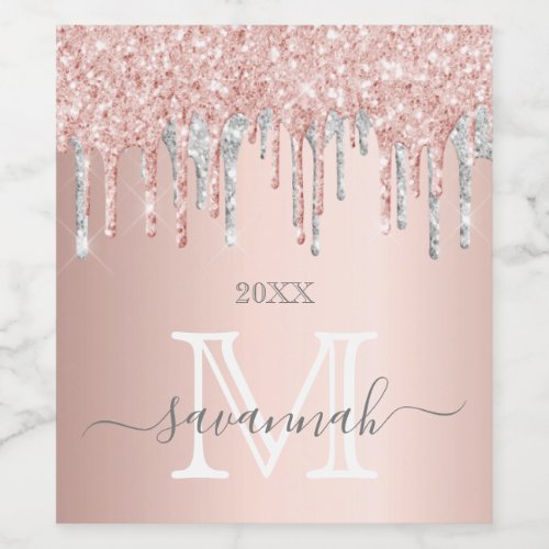 Rose gold glitter pink sparkle silver monogram wine label