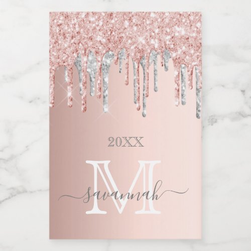 Rose gold glitter pink sparkle silver monogram wine label