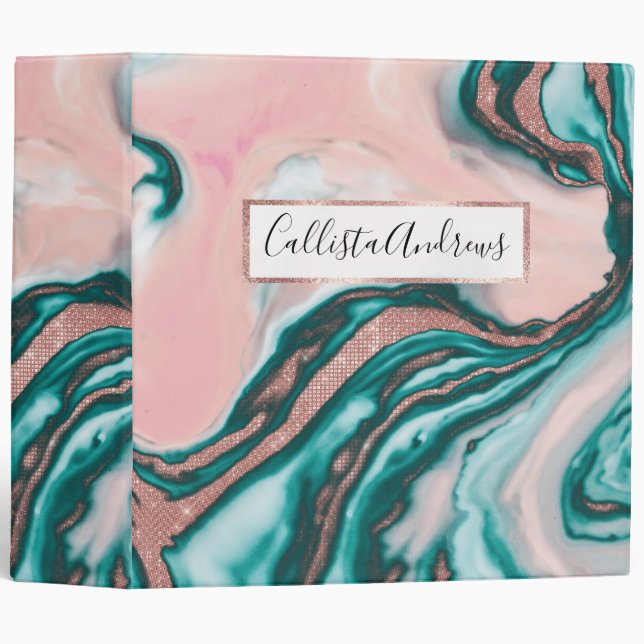 Rose Gold Glitter Pink Teal Swirly Painted Marble 3 Ring Binder (Front/Spine)
