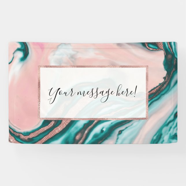 Rose Gold Glitter Pink Teal Swirly Painted Marble Banner (Horizontal)