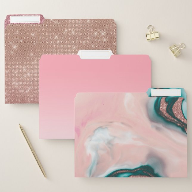 Rose Gold Glitter Pink Teal Swirly Painted Marble File Folder (Set)