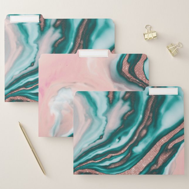 Rose Gold Glitter Pink Teal Swirly Painted Marble File Folder (Set)