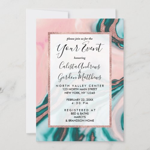 Rose Gold Glitter Pink Teal Swirly Painted Marble Invitation