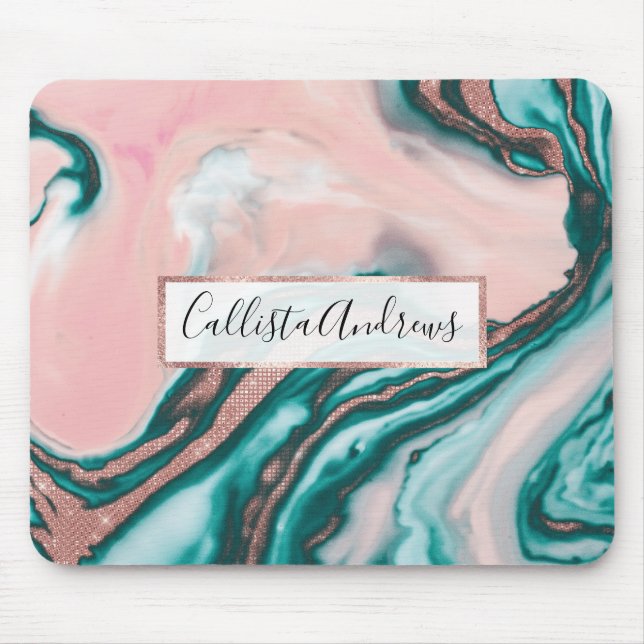 Rose Gold Glitter Pink Teal Swirly Painted Marble Mouse Pad (Front)