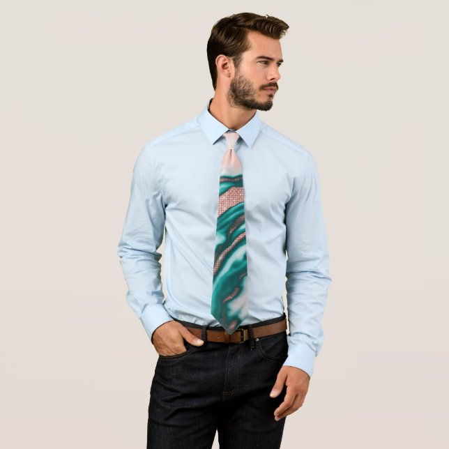 Rose Gold Glitter Pink Teal Swirly Painted Marble Neck Tie (In Situ)