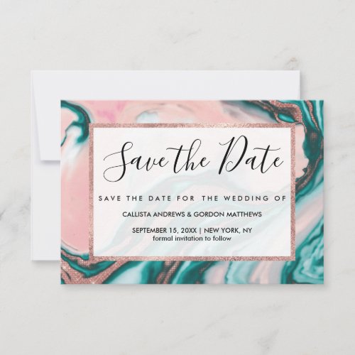 Rose Gold Glitter Pink Teal Swirly Painted Marble Save The Date