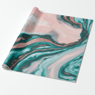 Rose Gold Glitter Pink Teal Swirly Painted Marble Wrapping Paper