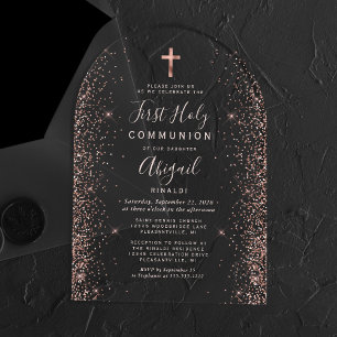 Rose Gold Glitter Pink Text Arch First Communion Acrylic Invitations