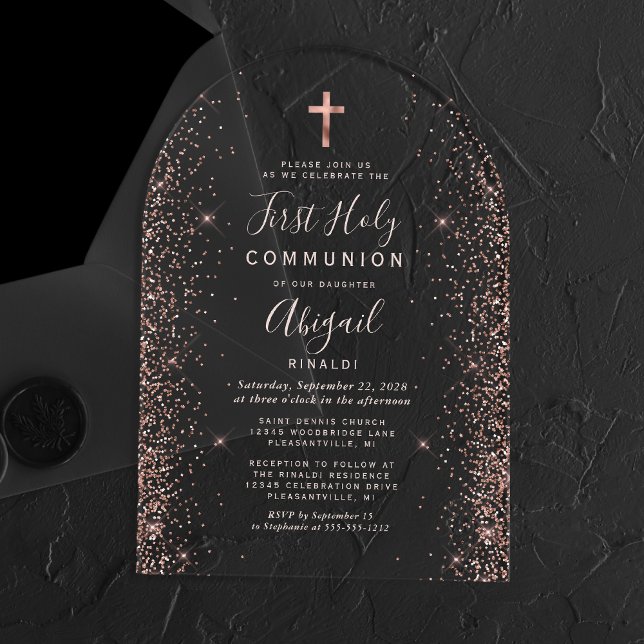 Rose Gold Glitter Pink Text Arch First Communion Acrylic Invitations (Creator Uploaded)