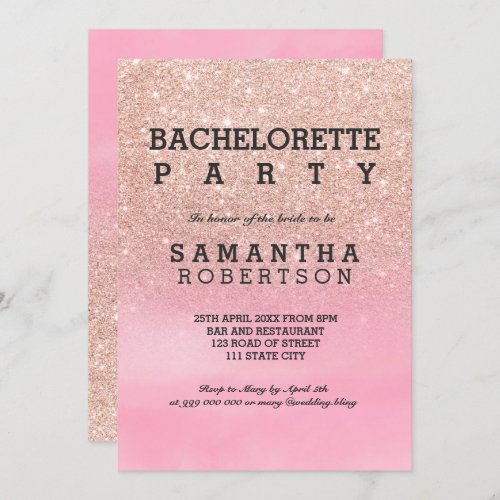 Rose gold glitter pink watercolor bachelorette invitation