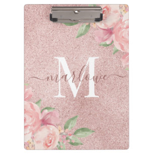Rose Gold Glitter Pink Watercolor Floral Monogram Clipboard