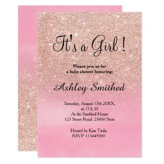 Rose gold glitter pink watercolor girl baby shower invitation