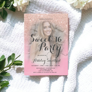 Rose gold glitter pink watercolor photo Sweet 16 Invitation
