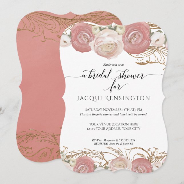Rose Gold Glitter Pink White Floral Bridal Shower Invitation (Front/Back)