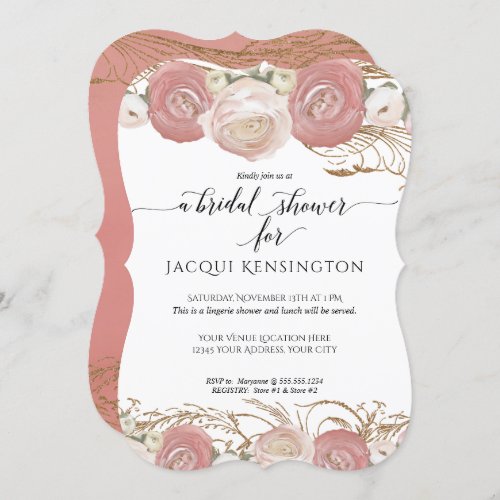 Rose Gold Glitter Pink White Floral Bridal Shower Invitation