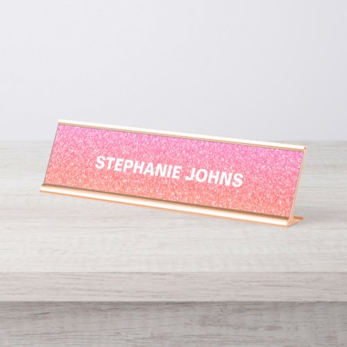 Rose Gold Glitter Pink White Ombre Monogram Custom Desk Name Plate