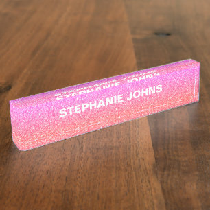 Rose Gold Glitter Pink White Ombre Monogram Girly Desk Name Plate