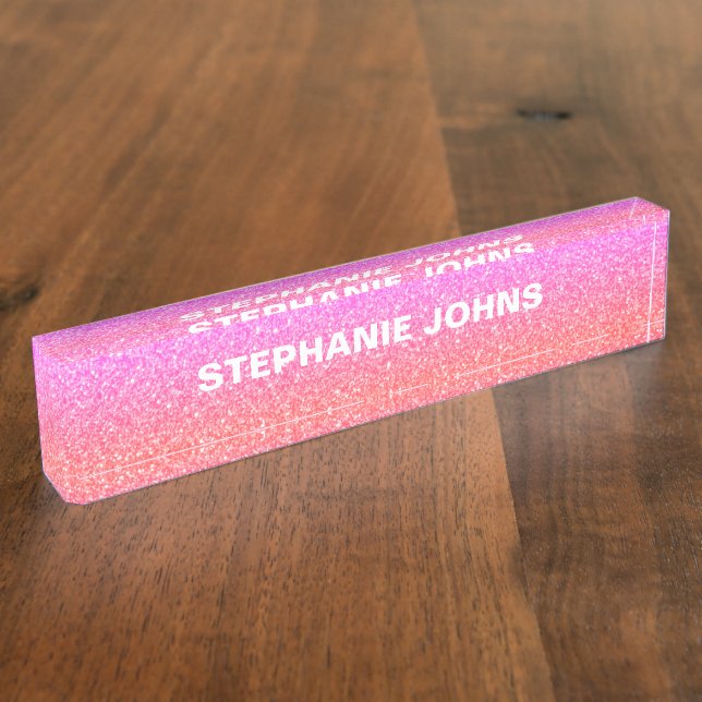 Rose Gold Glitter Pink White Ombre Monogram Girly Desk Name Plate (Side)