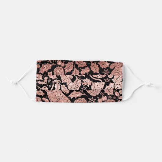Rose gold glitter pink xmas pattern on black adult cloth face mask (Front, Folded)