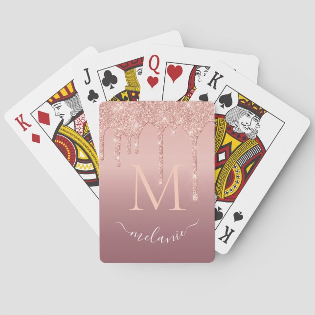 Rose Gold Glitter Playing Cards Custom Name Letter (Back)