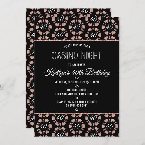 Rose Gold Glitter Poker Chip Casino Night Party Invitation