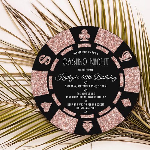 Rose Gold Glitter Poker Chip Casino Night Party Invitation