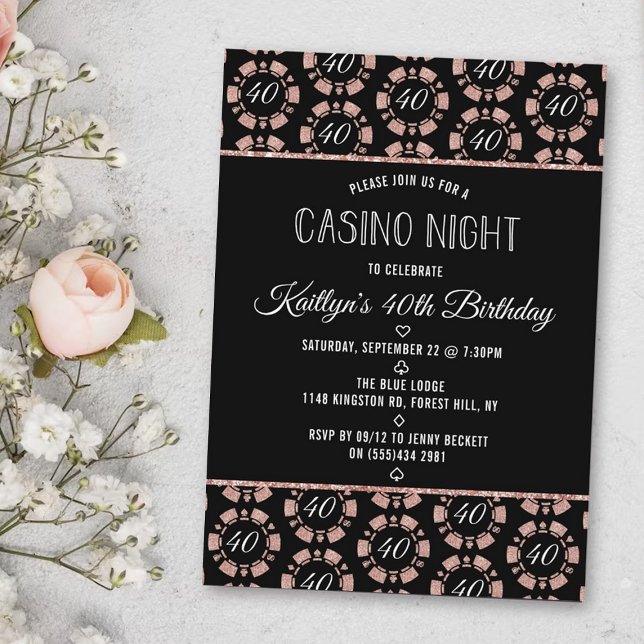 Rose Gold Glitter Poker Chip Casino Night Party Invitation (Creator Uploaded)