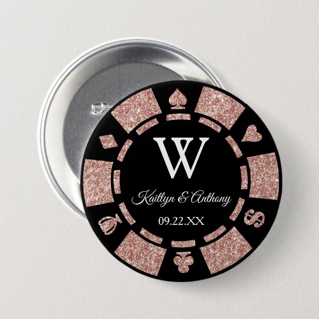 Rose Gold Glitter Poker Chip Casino Wedding Favor Button (Front & Back)