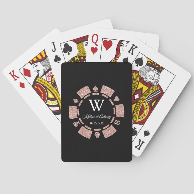 Rose Gold Glitter Poker Chip Casino Wedding Favor Cards (Back)