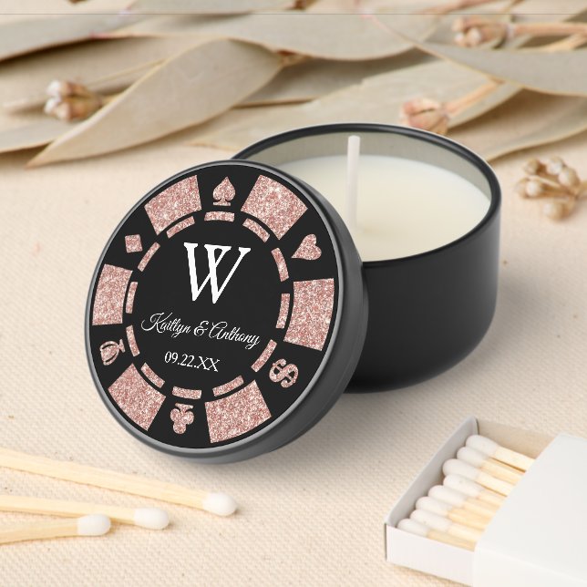 Rose Gold Glitter Poker Chip Casino Wedding Mini Candle Favors (Insitu)
