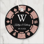 Rose Gold Glitter Poker Chip Casino Wedding Party Favor Tags<br><div class="desc">Celebrate in style with these trendy poker chip party favor tags. The design is easy to personalize with your own wording and your family and friends will be thrilled when they receive these fabulous party favor tags.</div>