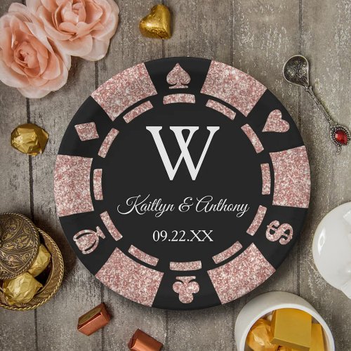Rose Gold Glitter Poker Chip Casino Wedding Party Paper Plates