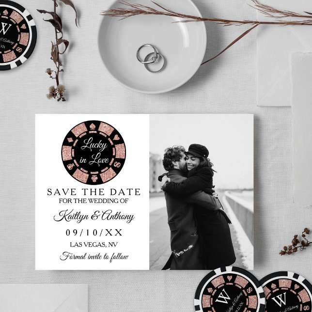 Rose Gold Glitter Poker Chip Casino Wedding Photo Save The Date (Creator Uploaded)