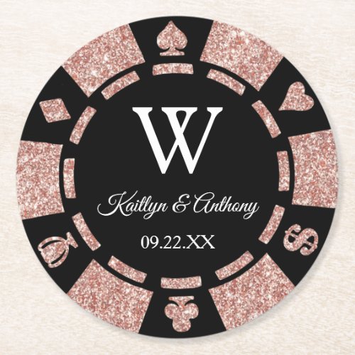 Rose Gold Glitter Poker Chip Casino Wedding Round Paper Coaster