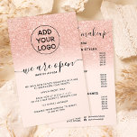 Rose gold glitter prices logo pink We're open Flyer<br><div class="desc">Tell your customer about your new re-opening with new safety measures...  with this rose gold glitter ombre on chic editable pastel blush pink ,  add your logo and add your prices lists and services at the back</div>