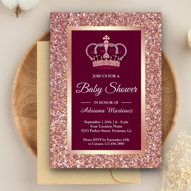 Rose Gold Glitter Princess Crown Pink Baby Shower Invitation