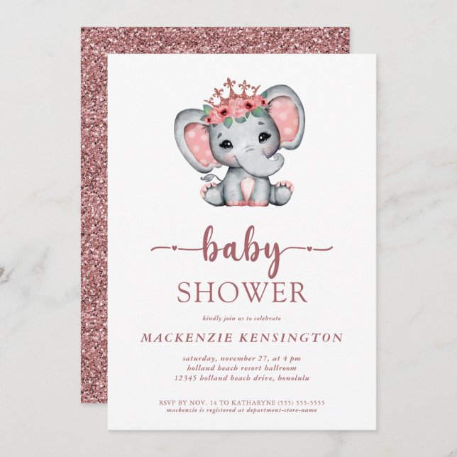 Rose Gold Glitter Princess Elephant Baby Girl Invitation (Front/Back)