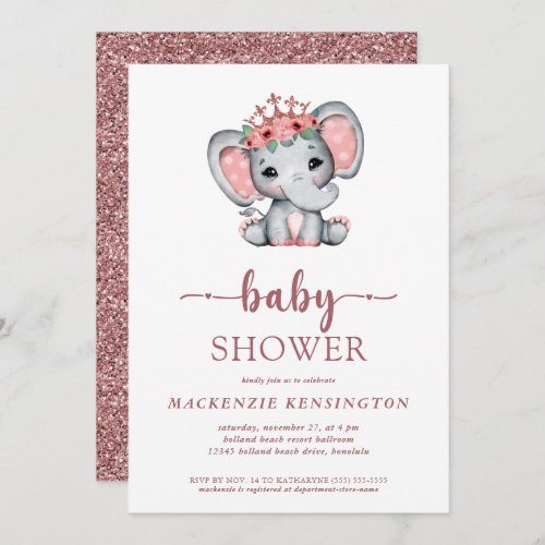 Rose Gold Glitter Princess Elephant Baby Girl Invitation