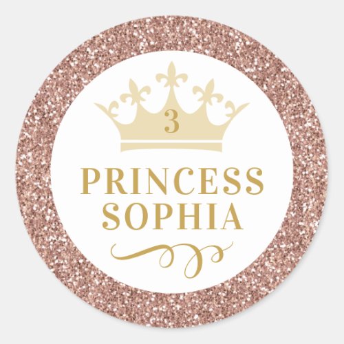 Rose Gold Glitter Princess Favor Sticker Label