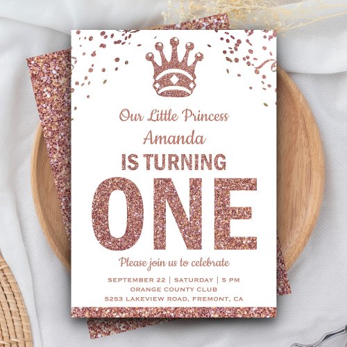Rose Gold Glitter Princess First Birthday Invite