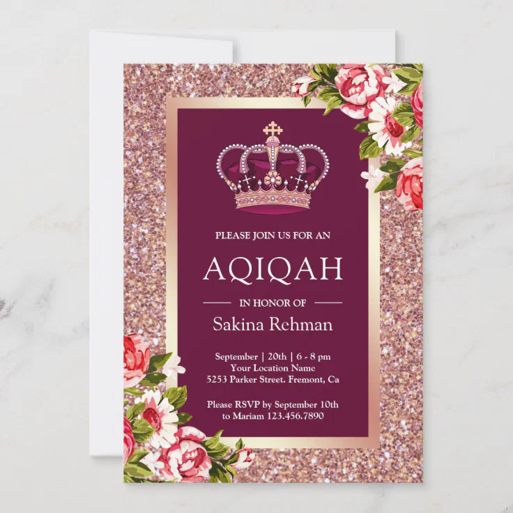 Rose Gold Glitter Princess Pink Floral Aqiqah Invitation | Zazzle