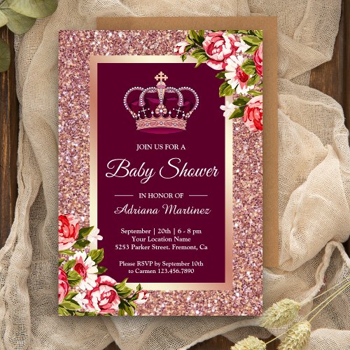 Rose Gold Glitter Princess Pink Floral Baby Shower Invitation