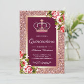 Rose Gold Glitter Princess Pink Floral Quinceanera Invitation (Standing Front)