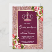 Rose Gold Glitter Princess Pink Floral Quinceanera Invitation (Front)
