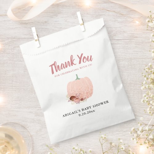Rose Gold Glitter Pumpkin Baby Shower Thank You Favor Bag - These fall baby shower favor bags make a great gift for your shower guests. The design features an elegant graphic of a pumpkin accented with watercolor flowers and peach and rose gold glitter.  Personalize with a short thank you message, the name of the mother to be and her shower date.