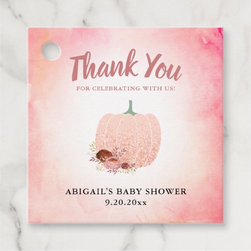 Rose Gold Glitter Pumpkin Baby Shower Thank You Favor Tags - These fall baby shower favor tags feature an elegant graphic of a pumpkin accented with watercolor flowers and peach and rose gold glitter.  Personalize with a short thank you message, the name of the mother to be and her shower date.