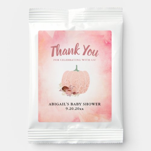 Rose Gold Glitter Pumpkin Baby Shower Thank You Hot Chocolate Drink Mix - These fall baby shower drink packet is perfect for a thank you favor for your guests. The design feature an elegant graphic of a pumpkin accented with watercolor flowers and peach and rose gold glitter.  Personalize with a short thank you message, the name of the mother to be and her shower date.